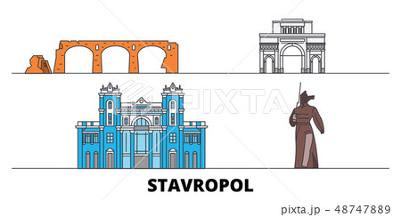 Russia, Stavropol flat landmarks vector illustration. Russia, Stavropol line city with famous travel 48747889