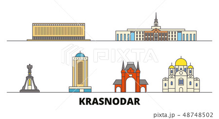 Russia, Kransodar City flat landmarks vector illustration. Russia, Kransodar City line city with Russia, Kransodar City flat landmarks vector illustration. Russia, Kransodar City line city with 48748502
