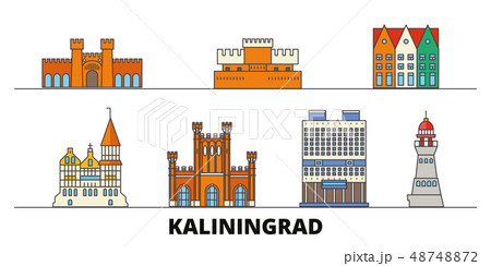 Russia, Kaliningrad flat landmarks vector illustration. Russia, Kaliningrad line city with famous 48748872