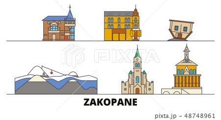 Poland, Zakopane flat landmarks vector illustration. Poland, Zakopane line city with famous travel 48748961