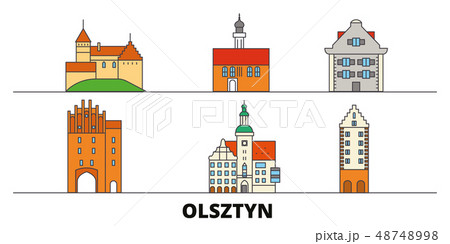 Poland, Olsztyn flat landmarks vector illustration. Poland, Olsztyn line city with famous travel Poland, Olsztyn flat landmarks vector illustration. Poland, Olsztyn line city with famous travel 48748998