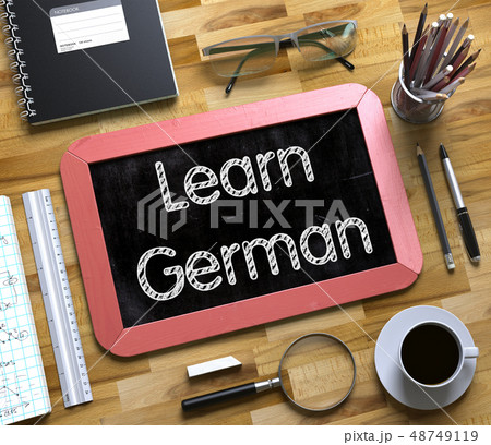 Learn German Handwritten on Small Chalkboard. 3D. Learn German Handwritten on Small Chalkboard. 3D. 48749119