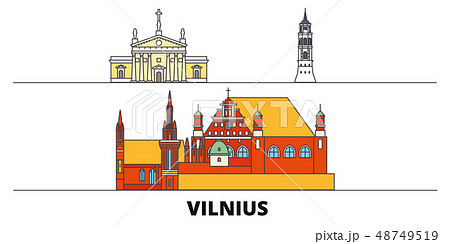 Lithuania, Vilnius flat landmarks vector illustration. Lithuania, Vilnius line city with famous 48749519