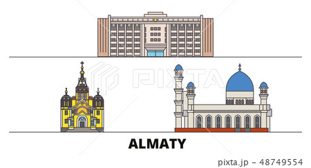 Kazakhstan, Almaty flat landmarks vector illustration. Kazakhstan, Almaty line city with famous Kazakhstan, Almaty flat landmarks vector illustration. Kazakhstan, Almaty line city with famous 48749554