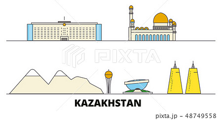 Kazakhstan flat landmarks vector illustration. Kazakhstan line city with famous travel sights 48749558