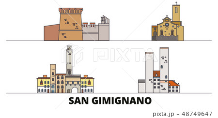 Italy, San Gimignano flat landmarks vector illustration. Italy, San Gimignano line city with famous 48749647