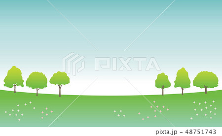 野原 木 木々 緑 グリーン 芝生 花 空のイラスト素材