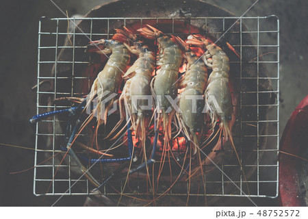 Grilled shrimp (Giant freshwater prawn) at market 48752572