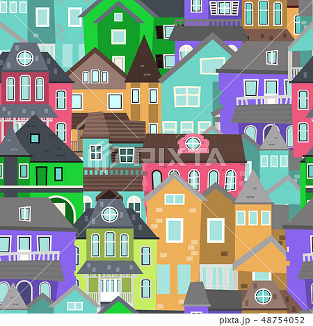 Cute houses seamless pattern with color home background vector illustration. Down town wrapping Cute houses seamless pattern with color home background vector illustration. Down town wrapping 48754052
