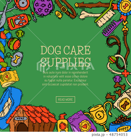 Pet care supply funny poster petsshop advertising bookmark with dog kennel vector illustration Pet care supply funny poster petsshop advertising bookmark with dog kennel vector illustration 48754053