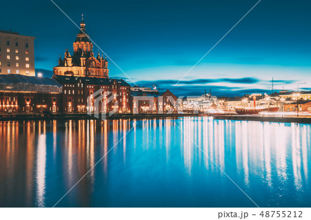 Helsinki, Finland. View Of Kanavaranta Street With Uspenski Cathedral In Evening Night Illuminations 48755212