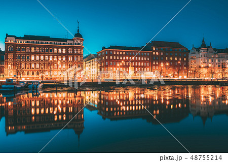 Helsinki, Finland. View Of Pohjoisranta Street In Evening Or Night Illumination Helsinki, Finland. View Of Pohjoisranta Street In Evening Or Night Illumination 48755214