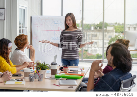 Asian Businesswoman presenting the project with project chart in front of Group Of Asian and Multiethnic Business people with casual suit brainstorming and working together in happy action in the modern workplace, people business group concept 48756619