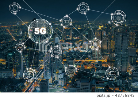 5G technology with various icon internet of thing over the closeup Bangkok cityscape, Wireless communication connection network concept. 48756845