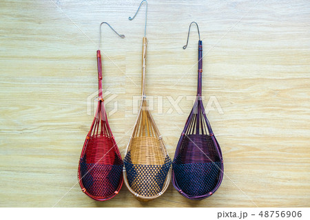 Wooden bamboo basket handmade on wood Wooden bamboo basket handmade on wood 48756906