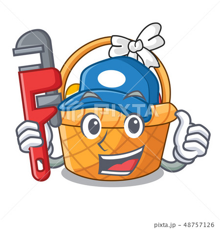 Plumber easter basket above wooden cartoon table Plumber easter basket above wooden cartoon table 48757126