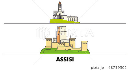 Italy, Assisi flat landmarks vector illustration. Italy, Assisi line city with famous travel sights Italy, Assisi flat landmarks vector illustration. Italy, Assisi line city with famous travel sights 48759502