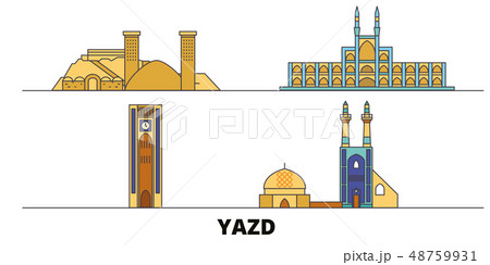 Iran, Yazd flat landmarks vector illustration. Iran, Yazd line city with famous travel sights 48759931