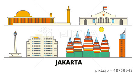 Indonesia, Jakarta flat landmarks vector illustration. Indonesia, Jakarta line city with famous 48759945