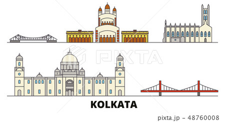 India, Kolkata flat landmarks vector illustration. India, Kolkata line city with famous travel India, Kolkata flat landmarks vector illustration. India, Kolkata line city with famous travel 48760008
