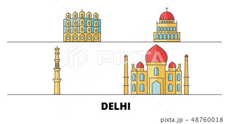 India, Delhi City flat landmarks vector illustration. India, Delhi City line city with famous travel India, Delhi City flat landmarks vector illustration. India, Delhi City line city with famous travel 48760018