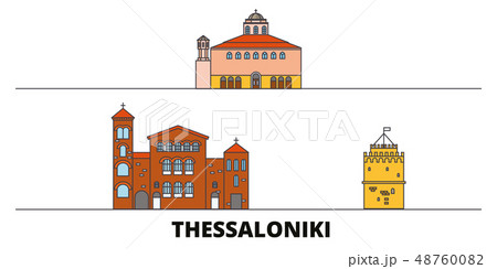 Greece, Thessaloniki flat landmarks vector illustration. Greece, Thessaloniki line city with famous 48760082
