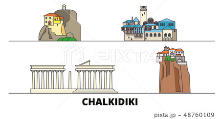 Greece, Chalkidiki flat landmarks vector illustration. Greece, Chalkidiki line city with famous 48760109