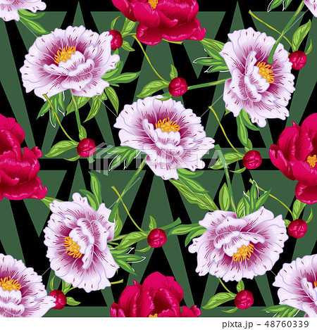 Vector red and pink peony floral botanical flowers. Engraved ink art. Seamless background pattern. Vector red and pink peony floral botanical flowers. Engraved ink art. Seamless background pattern. 48760339