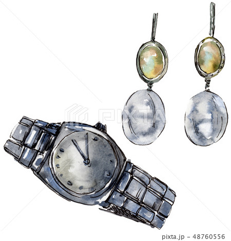 Earrings and watch sketch glamour illustration in a watercolor style isolated element. Watercolour Earrings and watch sketch glamour illustration in a watercolor style isolated element. Watercolour 48760556