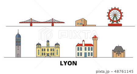 France, Lyon flat landmarks vector illustration. France, Lyon line city with famous travel sights 48761145
