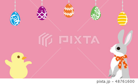 イースター 背景素材 イースターエッグ飾り ウサギとヒヨコ ピンク色背景のイラスト素材