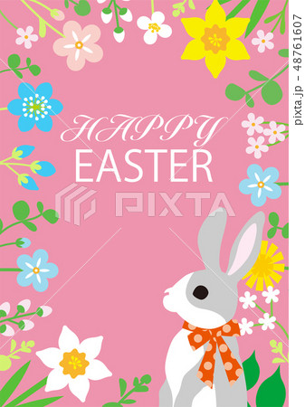 イースター 春の花 円形フレーム ウサギ 文字入り Happy Easterのイラスト素材