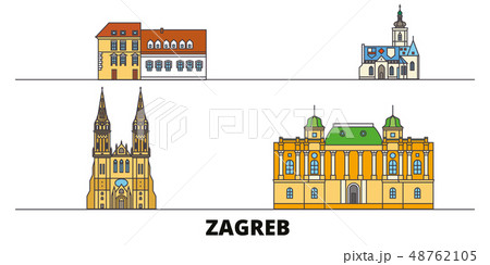 Croatia, Zagreb flat landmarks vector illustration. Croatia, Zagreb line city with famous travel 48762105