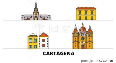 Colombia, Cartagena flat landmarks vector illustration. Colombia, Cartagena line city with famous 48762136