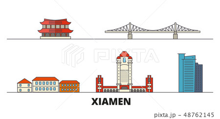 China, Xiamen flat landmarks vector illustration. China, Xiamen line city with famous travel sights 48762145