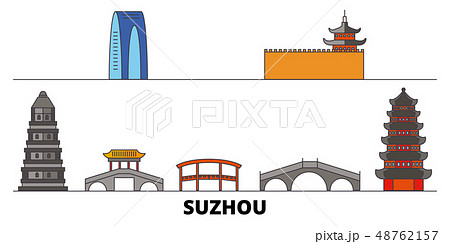 China, Suzhou flat landmarks vector illustration. China, Suzhou line city with famous travel sights China, Suzhou flat landmarks vector illustration. China, Suzhou line city with famous travel sights 48762157