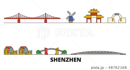 China, Shenzhen flat landmarks vector illustration. China, Shenzhen line city with famous travel China, Shenzhen flat landmarks vector illustration. China, Shenzhen line city with famous travel 48762168