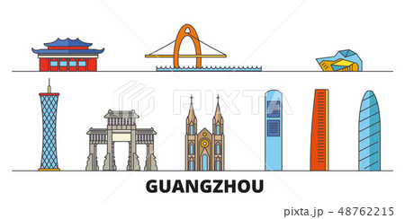 China, Guangzhou flat landmarks vector illustration. China, Guangzhou line city with famous travel 48762215