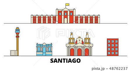 Chile, Santiago flat landmarks vector illustration. Chile, Santiago line city with famous travel 48762237