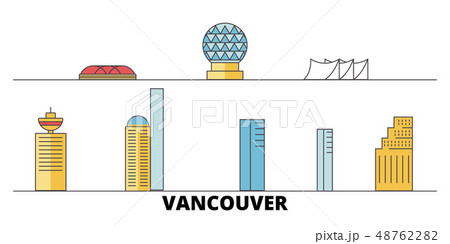 Canada, Vancouver City flat landmarks vector illustration. Canada, Vancouver City line city with 48762282