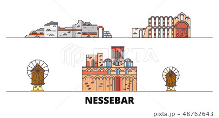 Bulgaria, Nessebar flat landmarks vector illustration. Bulgaria, Nessebar line city with famous 48762643
