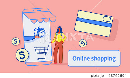 woman using mobile application online market shopping concept female customer holding trolley card 48762694