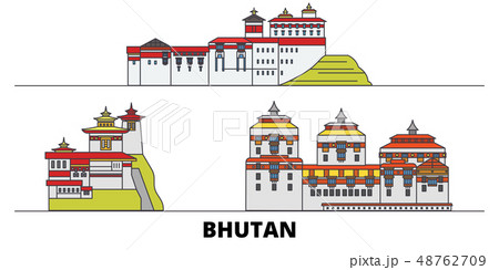 Bhutan flat landmarks vector illustration. Bhutan line city with famous travel sights, skyline 48762709