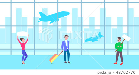 man woman people holding meeting placard empty signboard in airport waiting hall departure arrival 48762770
