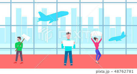 group of people holding meeting placard empty signboard in airport waiting hall departure arrival 48762781