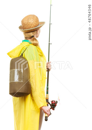 Woman with fishing rod, spinning equipment 48764346