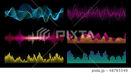 Colorful sound waves on black background set, audio player, equalizer 48765549