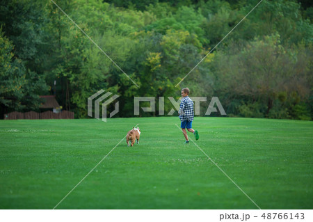 Little boy teenager with his dog bulldog in park Little boy teenager with his dog bulldog in park 48766143