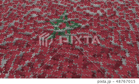 Flag of Morocco being made with jigsaw puzzle pieces. Moroccan problem solution conceptual 3D 48767015