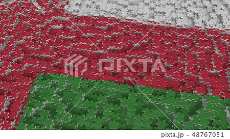 Flag of Oman being made with jigsaw puzzle pieces. Omani problem solution conceptual 3D rendering Flag of Oman being made with jigsaw puzzle pieces. Omani problem solution conceptual 3D rendering 48767051